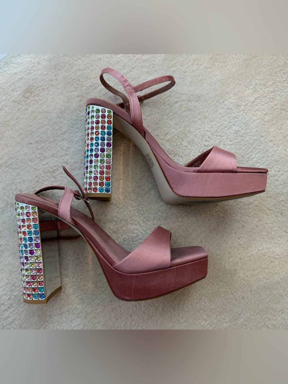 Jeffrey Campbell Pink Satin Multicolor Rhinestone Platform Wedge Heel Sandals - Picture 13 of 13